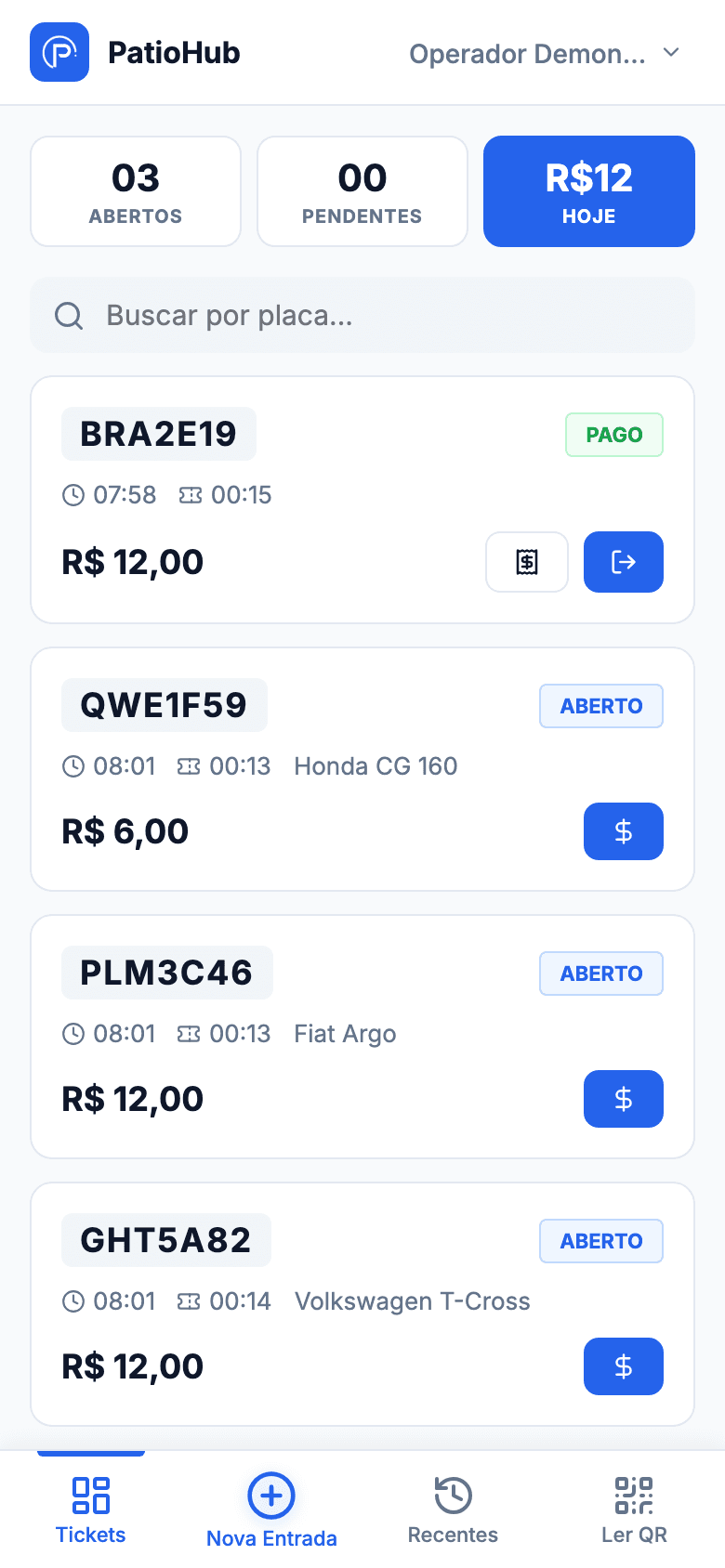 Tela inicial do app do operador: tickets abertos, pendentes, faturamento do dia e busca por placa.