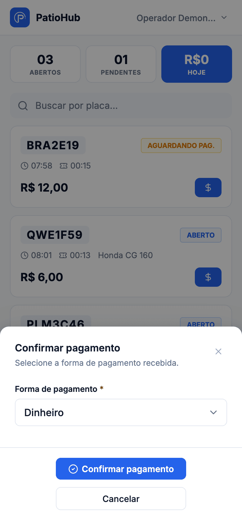 Cobrança no app: valor da estadia e as formas de pagamento no caixa.