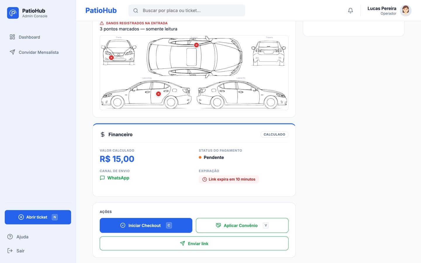 Ticket na PatioHub com os danos registrados na entrada: desenho do veículo em cinco vistas com três pontos marcados, somente leitura.