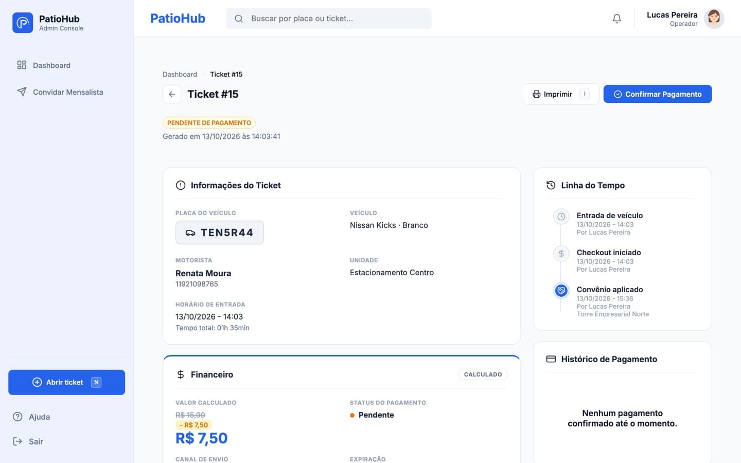 Ticket na PatioHub com convênio aplicado: valor de R$ 15,00 riscado, desconto de R$ 7,50 e a linha do tempo com Convênio aplicado, Torre Empresarial Norte.